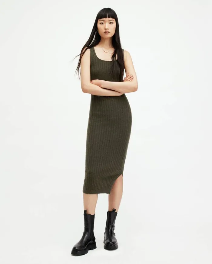 Margetta 2In1 Ribbed Midi Dress Khaki Green Women AllSaints Dresses
