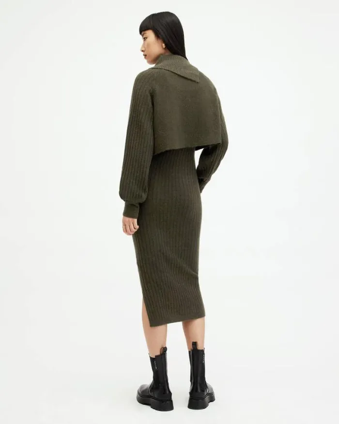 Margetta 2In1 Ribbed Midi Dress Khaki Green Women AllSaints Dresses