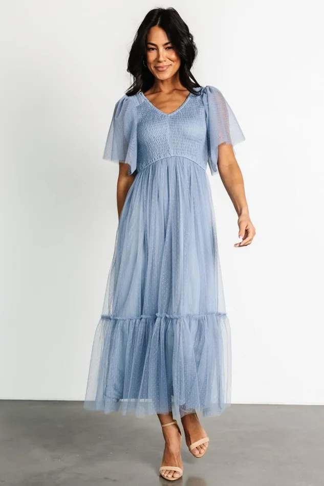 Martha Smocked Tulle Dress Dusty Blue Women Baltic Born Midi Dresses