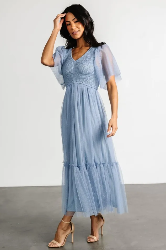 Martha Smocked Tulle Dress Dusty Blue Women Baltic Born Midi Dresses Martha Smocked Tulle Dress Dusty Blue Women Baltic Born Midi Dresses