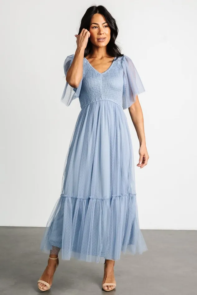 Martha Smocked Tulle Dress Dusty Blue Women Baltic Born Midi Dresses Martha Smocked Tulle Dress Dusty Blue Women Baltic Born Midi Dresses