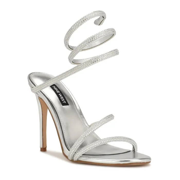 Maskil Ankle Wrap Heeled Sandals Silver Shimmer Women Nine West Dress Maskil Ankle Wrap Heeled Sandals Silver Shimmer Women Nine West Dress