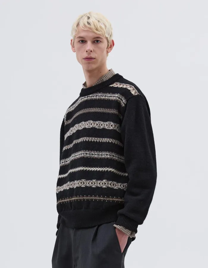 Men Abstract Fairisle Crew Black Natural Grey Margaret Howell Knitwear