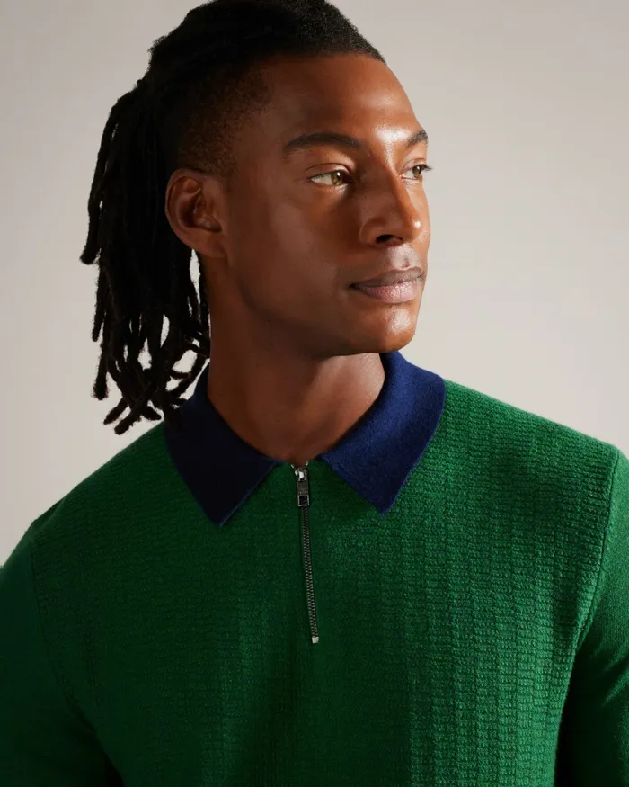 Men ARWIK 8211 Textured Knit Contrast Collar Polo Green Ted Baker Jumpers and Knitwear Men ARWIK 8211 Textured Knit Contrast Collar Polo Green Ted Baker Jumpers and Knitwear