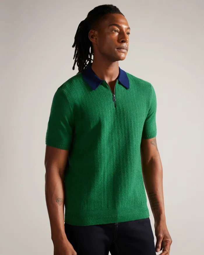 Men ARWIK 8211 Textured Knit Contrast Collar Polo Green Ted Baker Jumpers and Knitwear Men ARWIK 8211 Textured Knit Contrast Collar Polo Green Ted Baker Jumpers and Knitwear