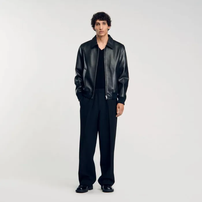Men Jackets SANDRO Plain Leather Jacket Black