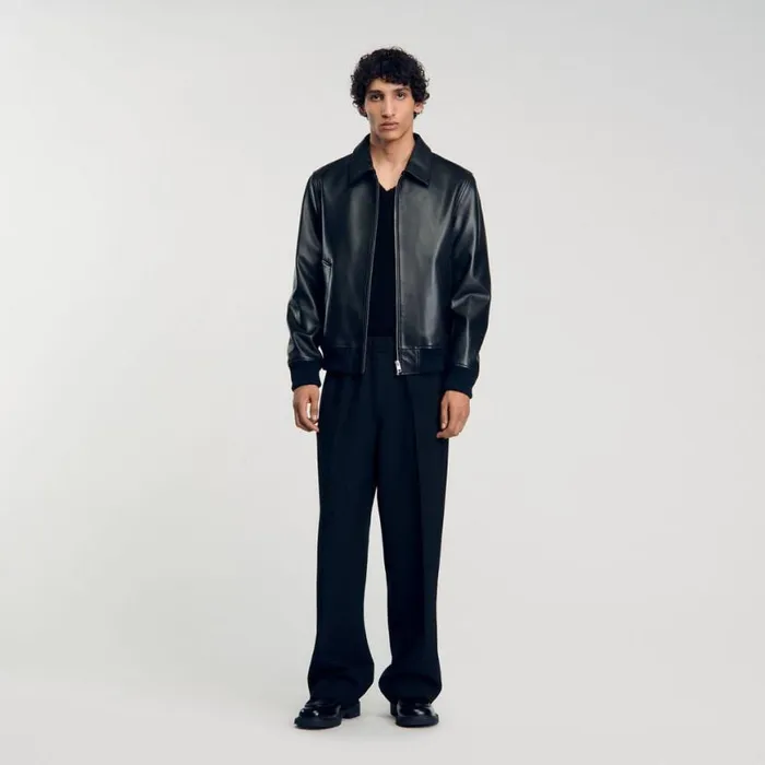 Men Jackets SANDRO Plain Leather Jacket Black