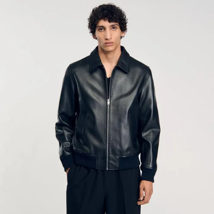 Men Jackets SANDRO Plain Leather Jacket Black