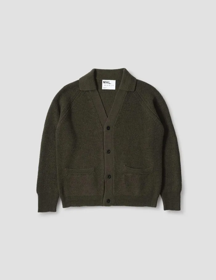 Men Mhl Collared Cardigan Dark Olive Margaret Howell Knitwear