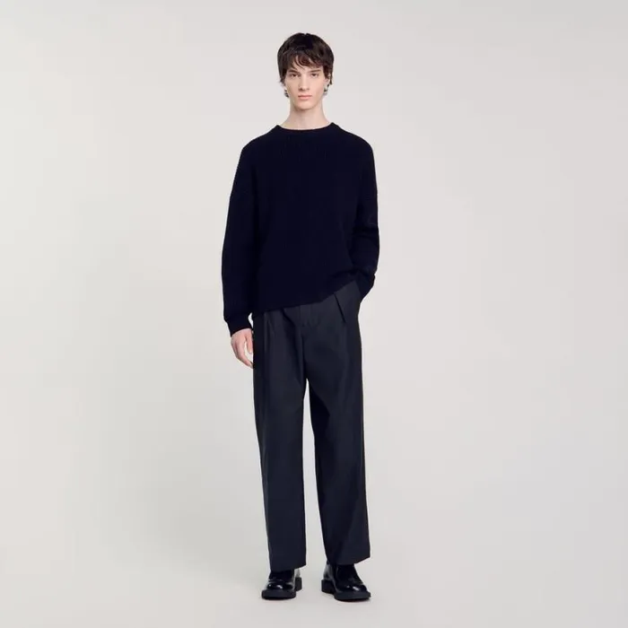 Men Pants and Shorts SANDRO Wideleg Trousers With Creases Navy Blue