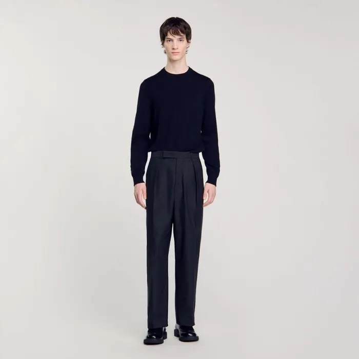 Men Pants and Shorts SANDRO Wideleg Trousers With Creases Navy Blue