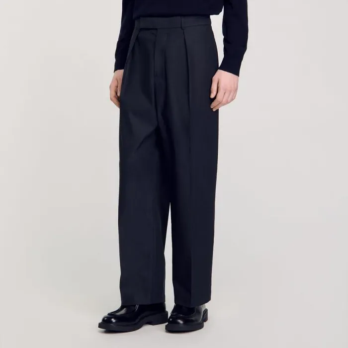 Men Pants and Shorts SANDRO Wideleg Trousers With Creases Navy Blue