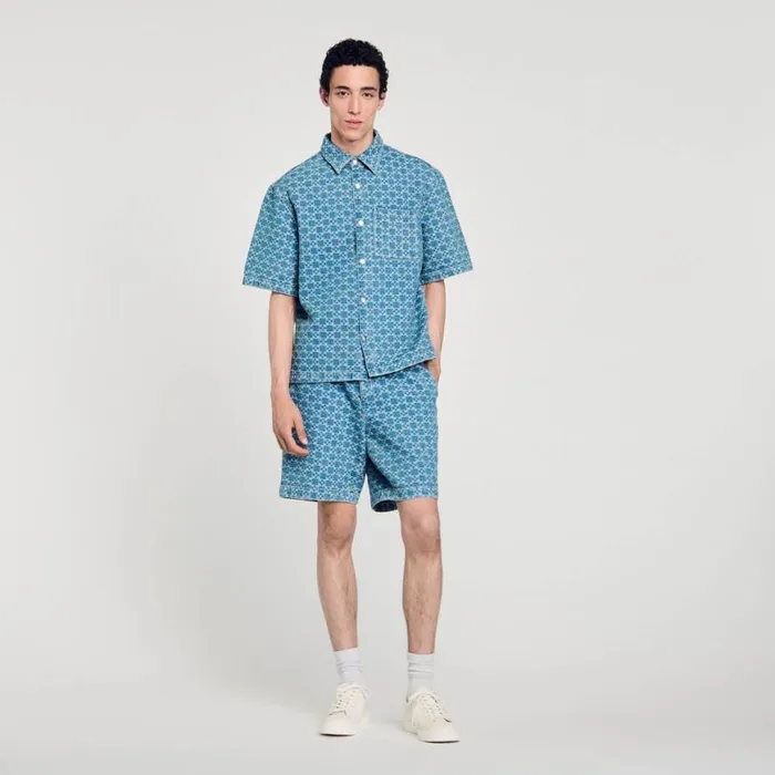 Men Shirts SANDRO Square Cross Denim Shirt Sky Blue