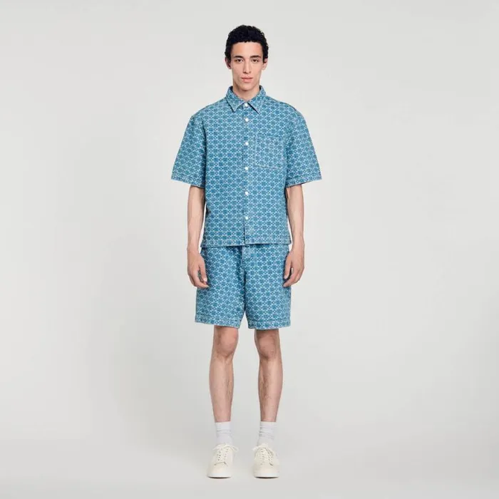 Men Shirts SANDRO Square Cross Denim Shirt Sky Blue
