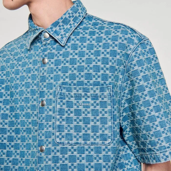Men Shirts SANDRO Square Cross Denim Shirt Sky Blue