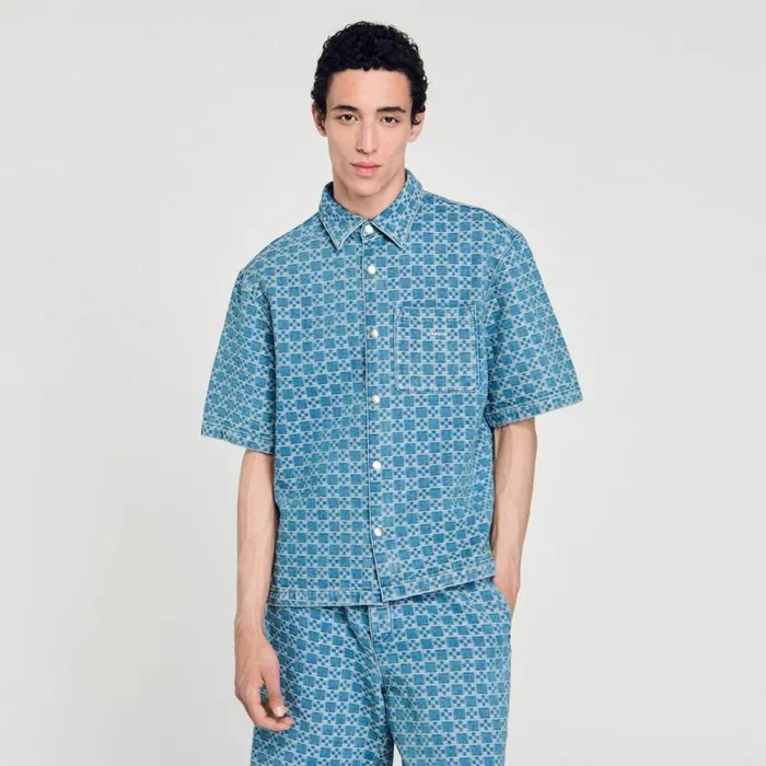 Men Shirts SANDRO Square Cross Denim Shirt Sky Blue