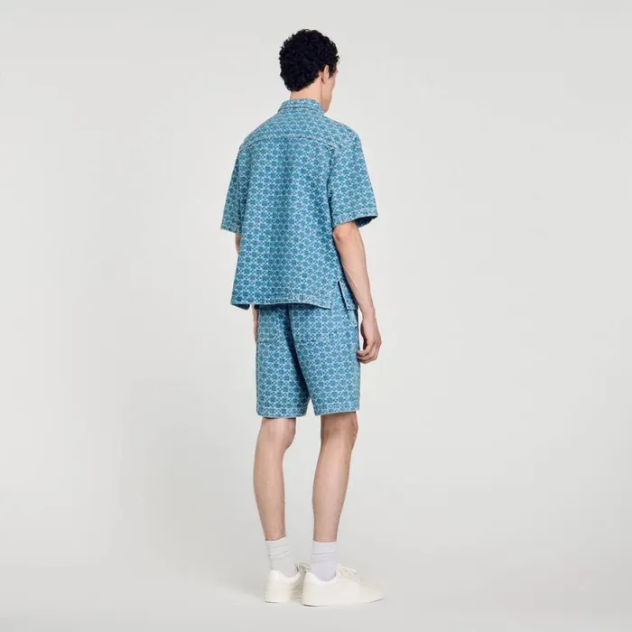 Men Shirts SANDRO Square Cross Denim Shirt Sky Blue