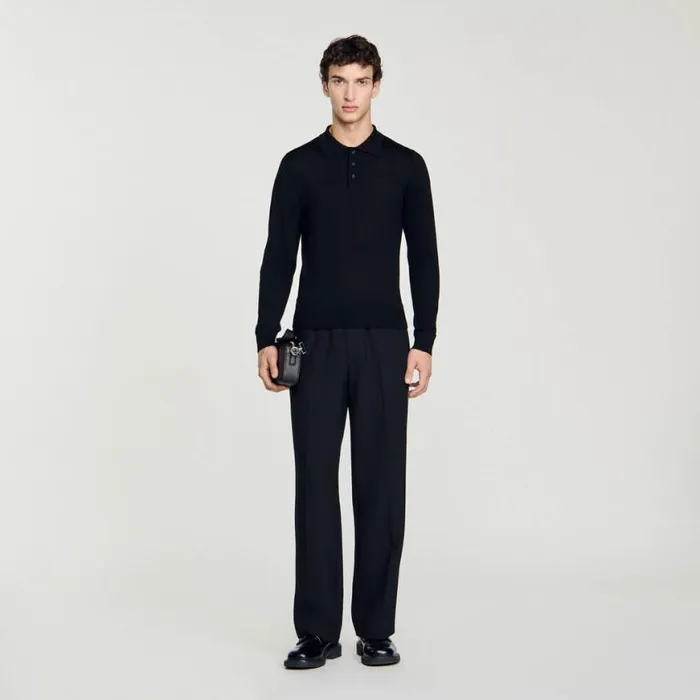 Men Sweaters and Cardigans SANDRO Fine Knit Polo Shirt Black