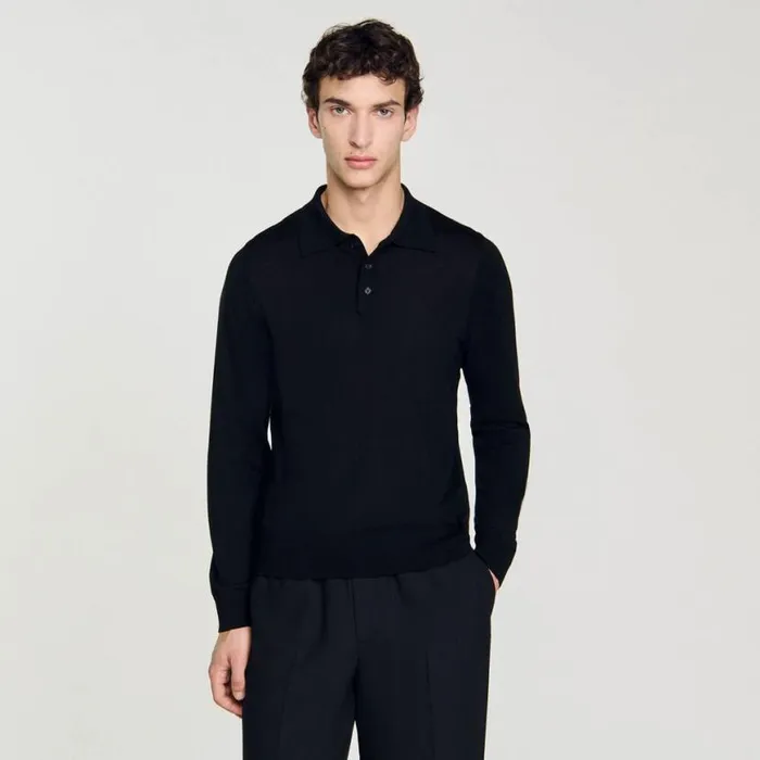 Men Sweaters and Cardigans SANDRO Fine Knit Polo Shirt Black