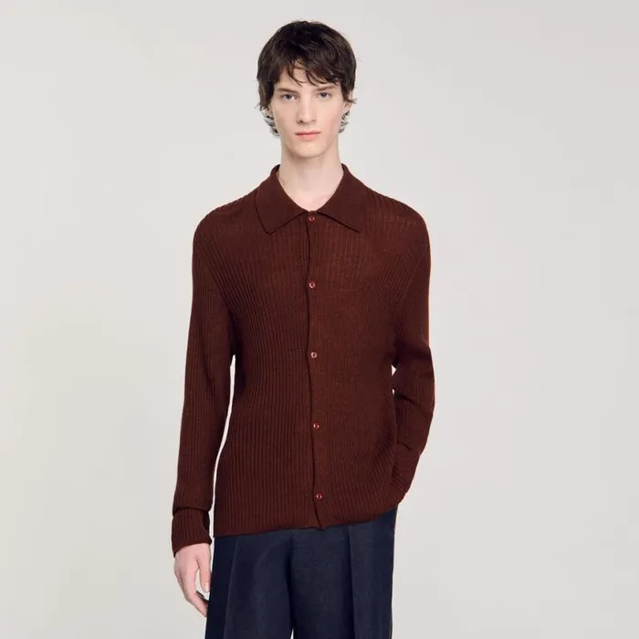 Men Sweaters and Cardigans SANDRO Knit Shirt Cognac