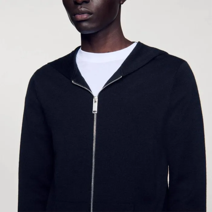 Men Sweaters and Cardigans SANDRO Zipped Cardigan With Hood Black Men Sweaters and Cardigans SANDRO Zipped Cardigan With Hood Black
