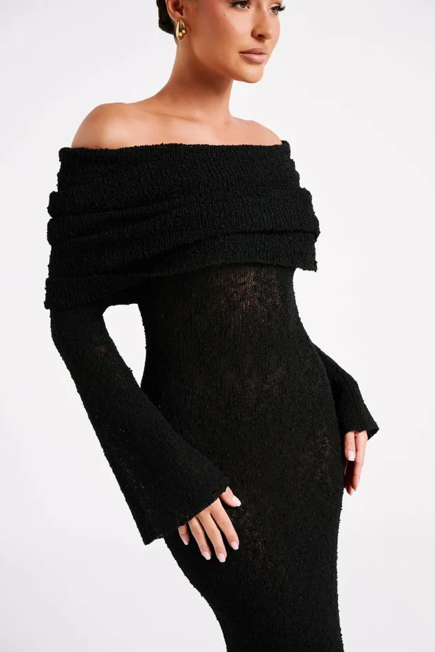 Meshki Basic Dresses Marisol Off Shoulder Boucle Maxi Dress 8211 Black Black 8211 Women