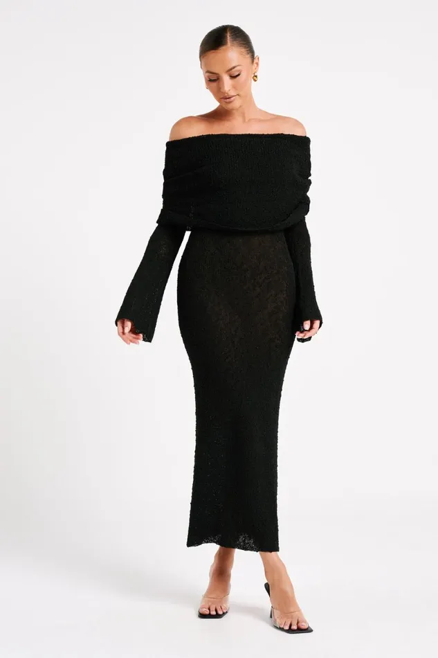 Meshki Basic Dresses Marisol Off Shoulder Boucle Maxi Dress 8211 Black Black 8211 Women
