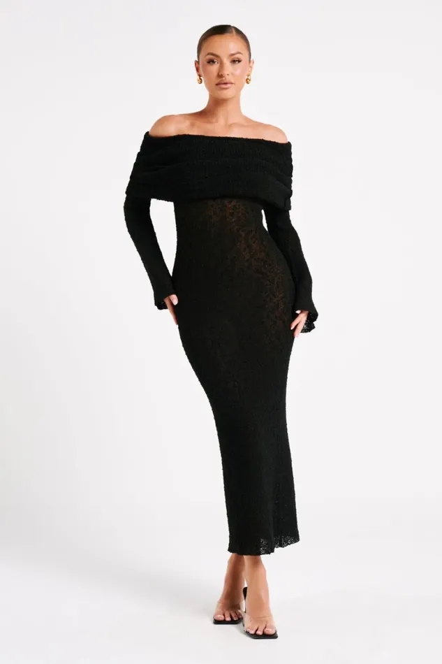 Meshki Basic Dresses Marisol Off Shoulder Boucle Maxi Dress 8211 Black Black 8211 Women