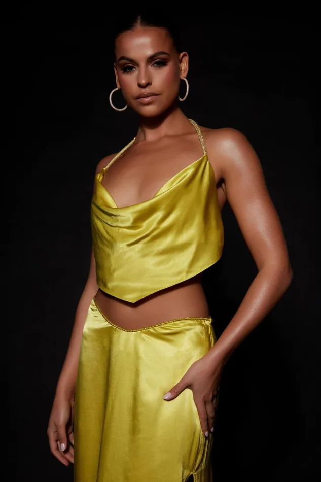 Meshki Crop Tops Christie Diamante Rope Cowl Neck Top 8211 Chartreuse Chartreuse 8211 Women Meshki Crop Tops Christie Diamante Rope Cowl Neck Top 8211 Chartreuse Chartreuse 8211 Women