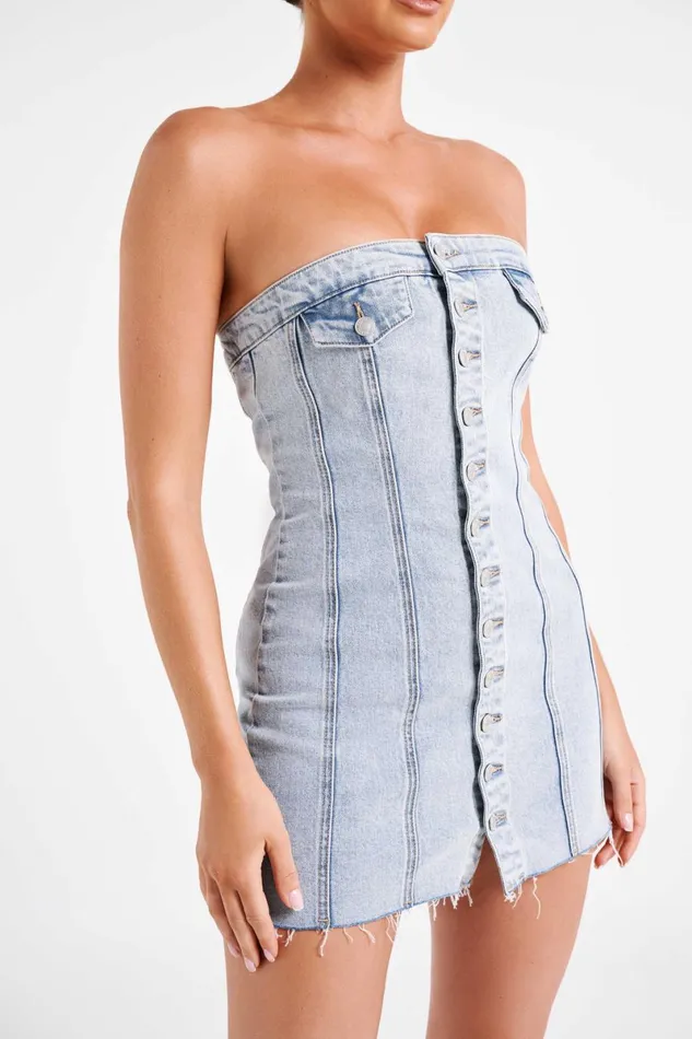 Meshki Denim Tiani Buttoned Denim Mini Dress 8211 Light Blue Light Blue 8211 Women