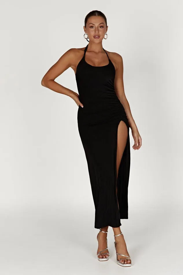 Meshki Maternity Dresses Allison Jersey Ruched Split Maxi Dress 8211 Black Black 8211 Women