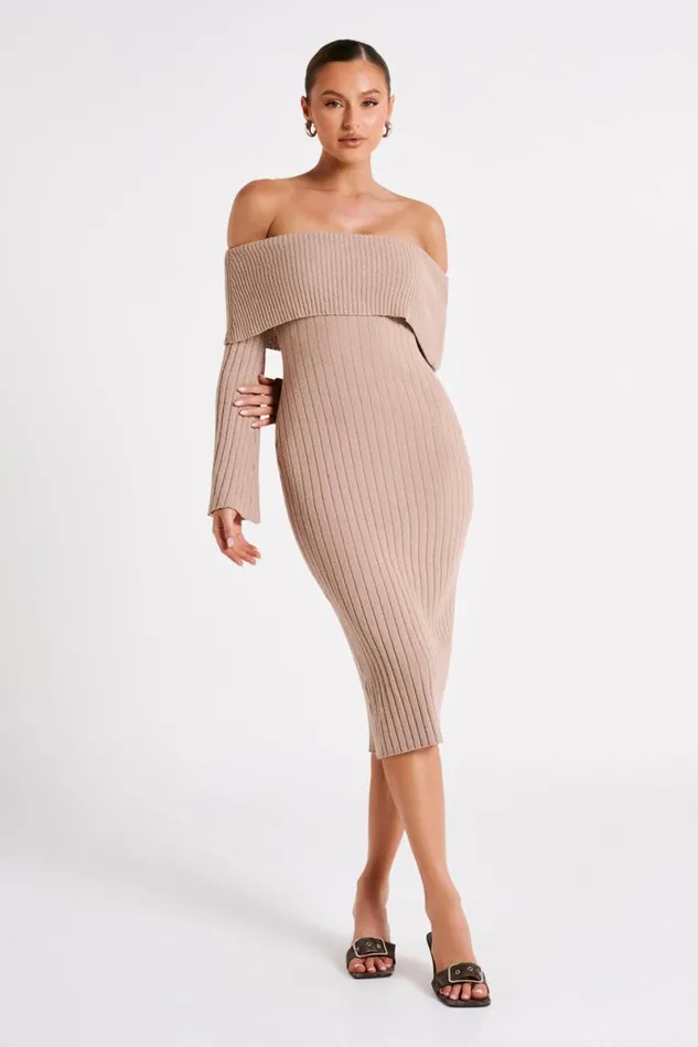 Meshki Maternity Dresses Stefania Off Shoulder Knit Dress 8211 Taupe Taupe 8211 Women