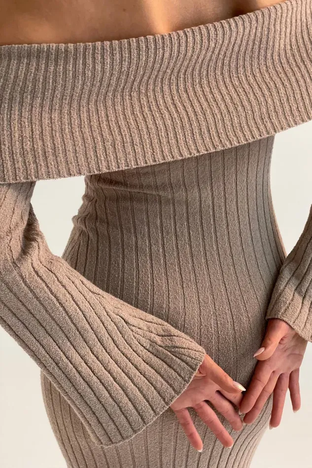 Meshki Maternity Dresses Stefania Off Shoulder Knit Dress 8211 Taupe Taupe 8211 Women