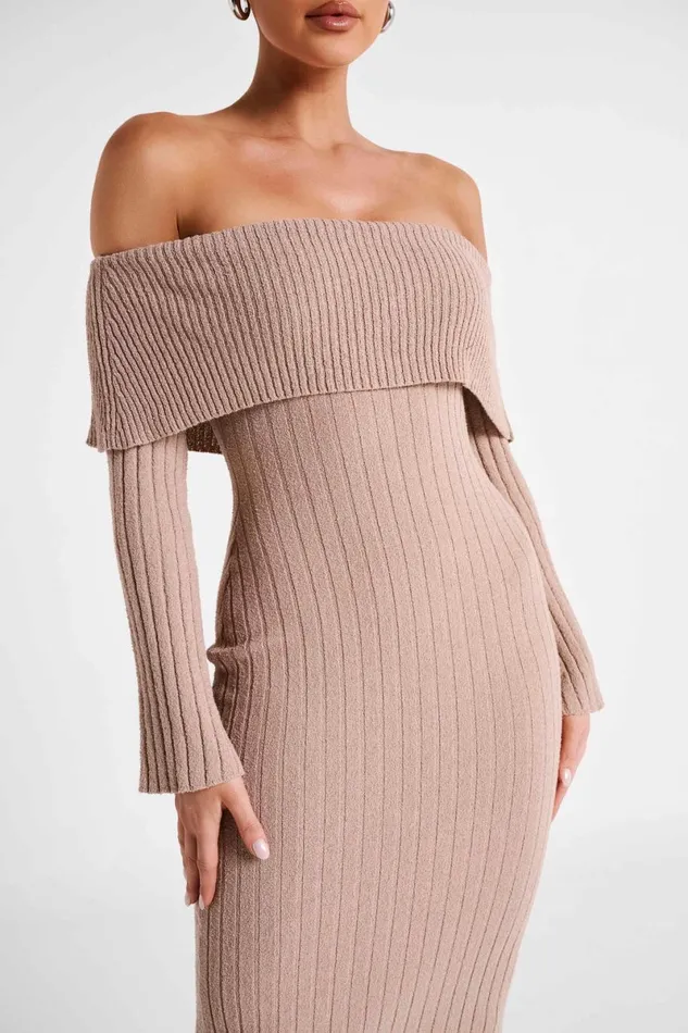 Meshki Maternity Dresses Stefania Off Shoulder Knit Dress 8211 Taupe Taupe 8211 Women