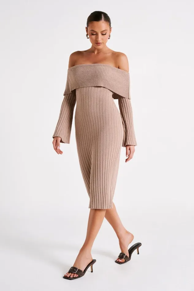 Meshki Maternity Dresses Stefania Off Shoulder Knit Dress 8211 Taupe Taupe 8211 Women