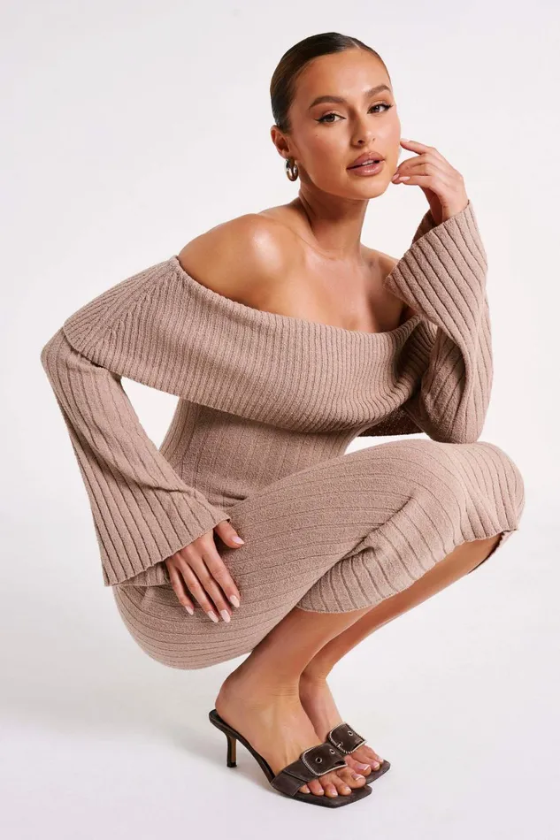 Meshki Maternity Dresses Stefania Off Shoulder Knit Dress 8211 Taupe Taupe 8211 Women