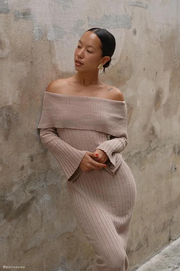 Meshki Maternity Dresses Stefania Off Shoulder Knit Dress 8211 Taupe Taupe 8211 Women