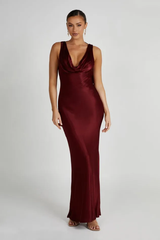 Meshki Maxi Dresses Angelique Satin Cowl Back Maxi Dress 8211 Berry Berry 8211 Women