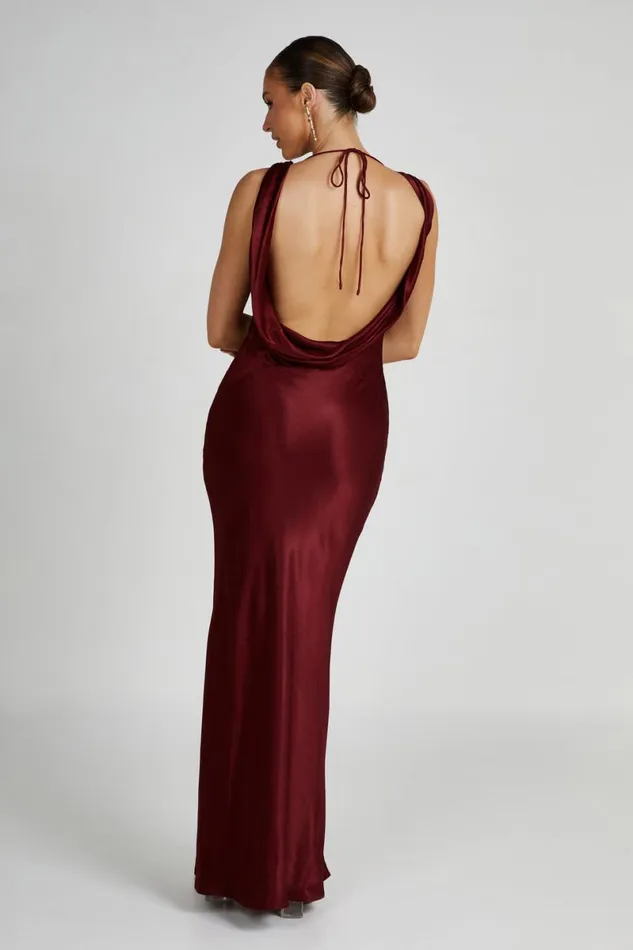 Meshki Maxi Dresses Angelique Satin Cowl Back Maxi Dress 8211 Berry Berry 8211 Women