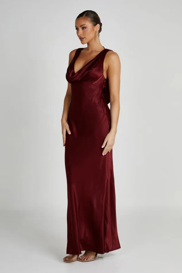 Meshki Maxi Dresses Angelique Satin Cowl Back Maxi Dress 8211 Berry Berry 8211 Women