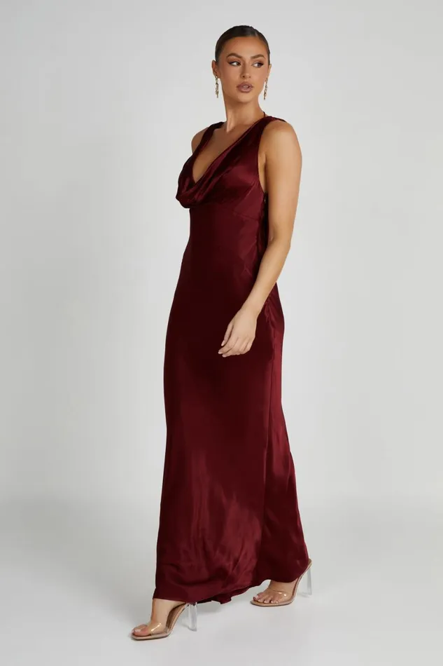 Meshki Maxi Dresses Angelique Satin Cowl Back Maxi Dress 8211 Berry Berry 8211 Women
