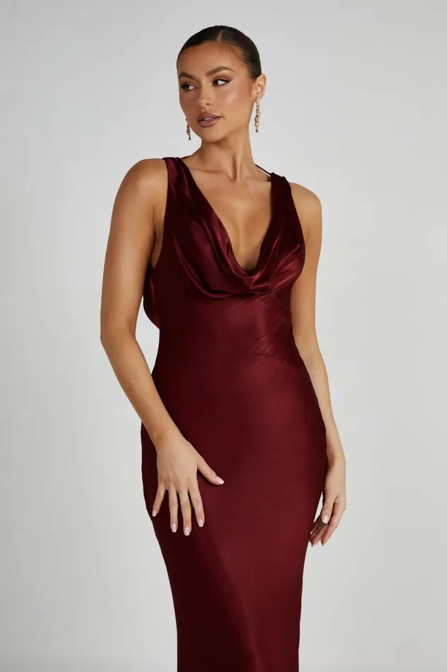 Meshki Maxi Dresses Angelique Satin Cowl Back Maxi Dress 8211 Berry Berry 8211 Women