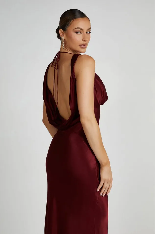 Meshki Maxi Dresses Angelique Satin Cowl Back Maxi Dress 8211 Berry Berry 8211 Women