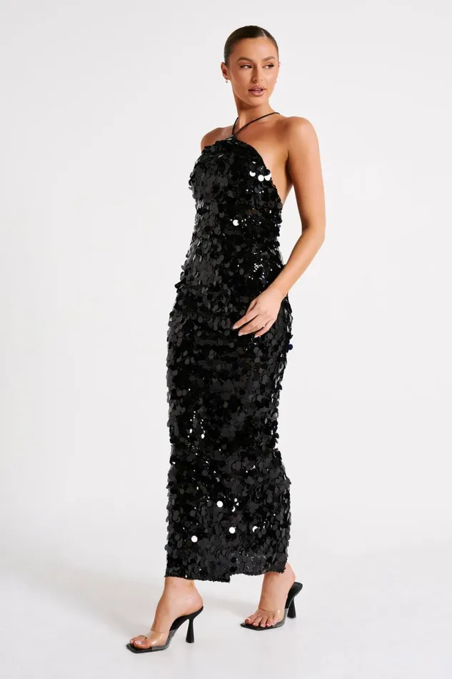 Meshki Maxi Dresses April Sequin Halter Maxi Dress 8211 Black Black 8211 Women