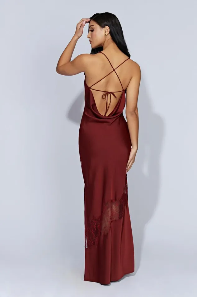 Meshki Maxi Dresses Chandra Lace Detail Satin Maxi Dress 8211 Cherry Chocolate Cherrychocolate 8211 Women Meshki Maxi Dresses Chandra Lace Detail Satin Maxi Dress 8211 Cherry Chocolate Cherrychocolate 8211 Women