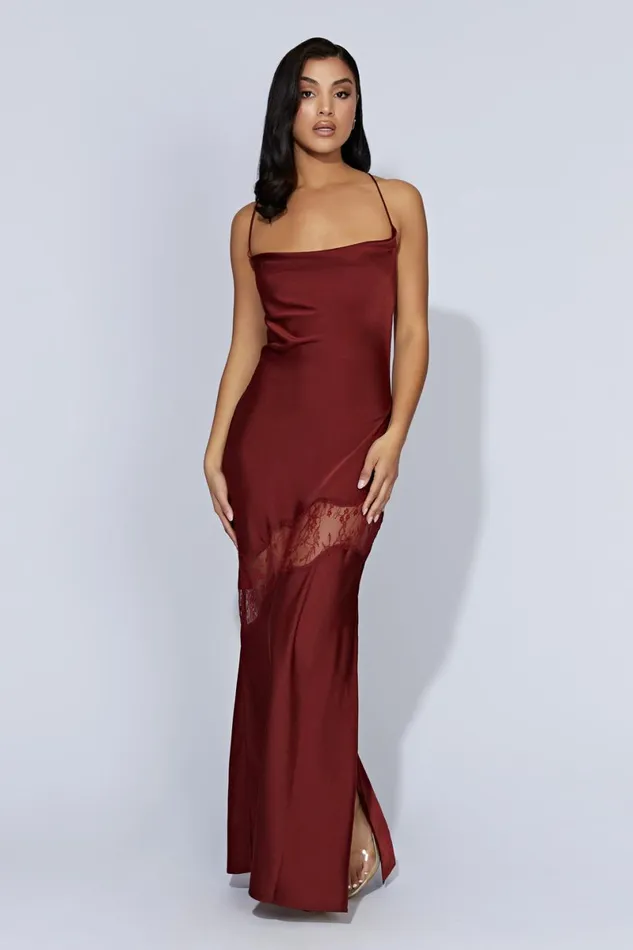Meshki Maxi Dresses Chandra Lace Detail Satin Maxi Dress 8211 Cherry Chocolate Cherrychocolate 8211 Women