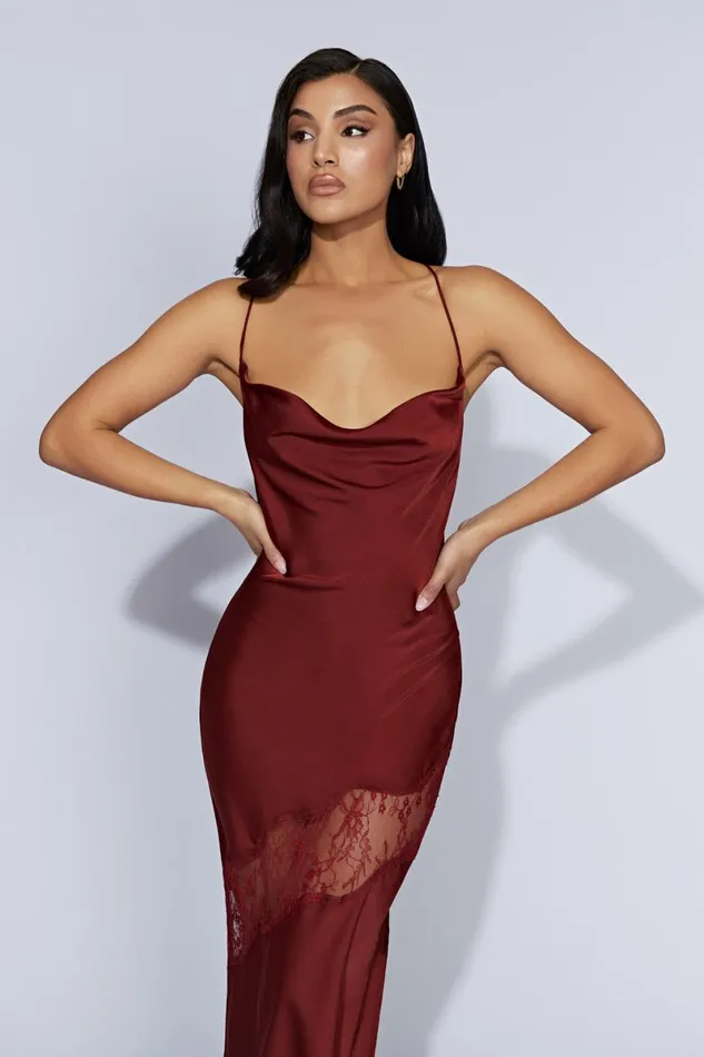 Meshki Maxi Dresses Chandra Lace Detail Satin Maxi Dress 8211 Cherry Chocolate Cherrychocolate 8211 Women