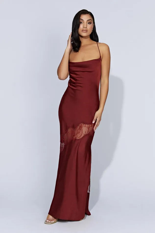 Meshki Maxi Dresses Chandra Lace Detail Satin Maxi Dress 8211 Cherry Chocolate Cherrychocolate 8211 Women