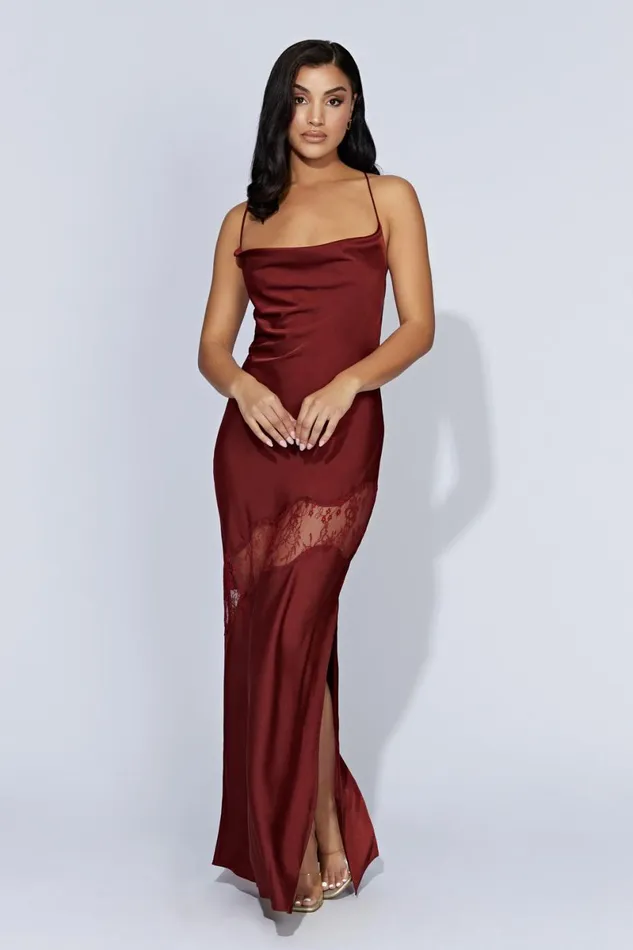 Meshki Maxi Dresses Chandra Lace Detail Satin Maxi Dress 8211 Cherry Chocolate Cherrychocolate 8211 Women