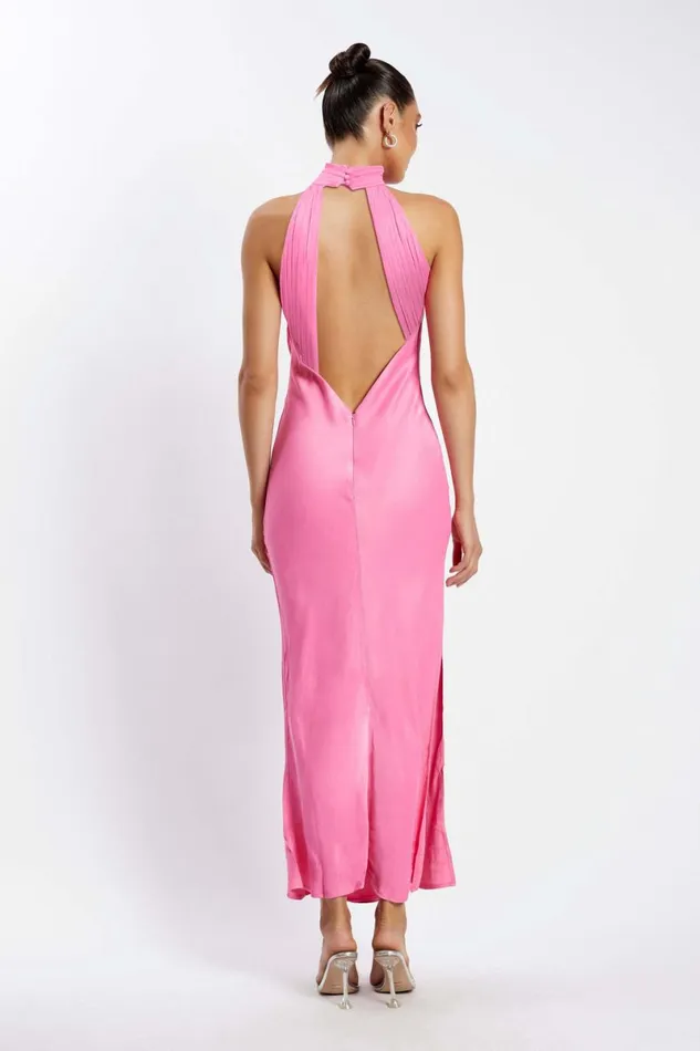 Meshki Maxi Dresses Claire Satin Drape Back Maxi Dress With Split 8211 Pink Pink 8211 Women